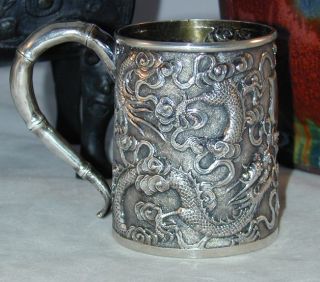 Excellent Antique Chinese Export Silver Dragon In Clouds Cup / Mug Wang Hing Nr photo