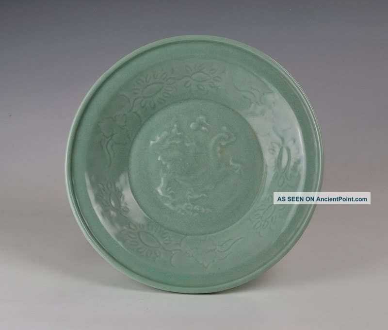 Chinese Antique Celadon Plate Dragon Design Longquan Kiln Porcelain Plates photo