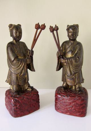 Pair Of Antique Buddhist Giltwood Celestial Attendant Figures China Chinese photo