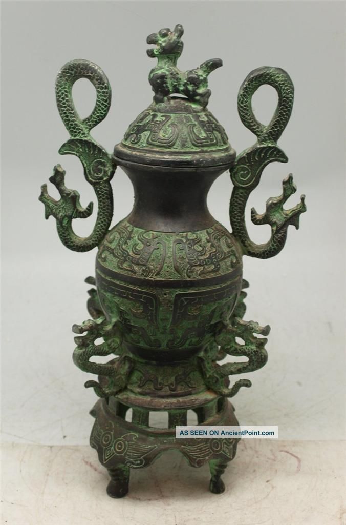Chinese / Tibetan Bronze Urn W/ Lid - Verdigris Patina - Oriental Dragons - 32cm Vases photo