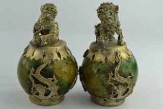 China Collectibles Old Decorated Wonderful Handwork Jade Pair Kylin Statue Top photo