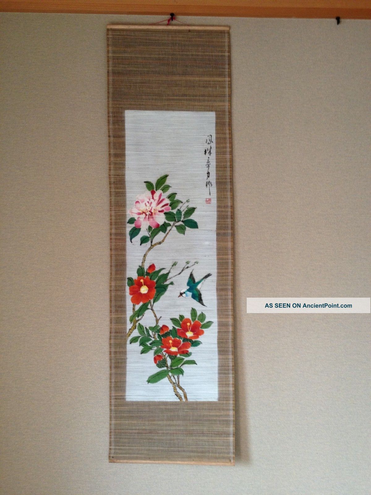 162 ~camellia And A Bird~ Antique Hanging Scroll Paintings & Scrolls photo