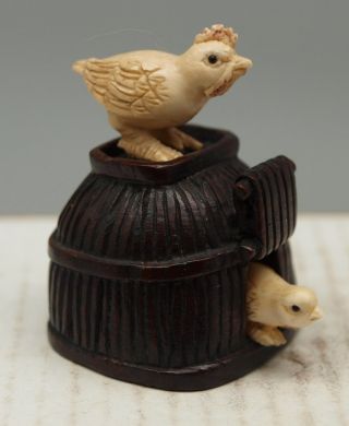 Hand Carved Japanese Wooden & Bone Netsuke - Birds & Birdcage - Moving Parts photo