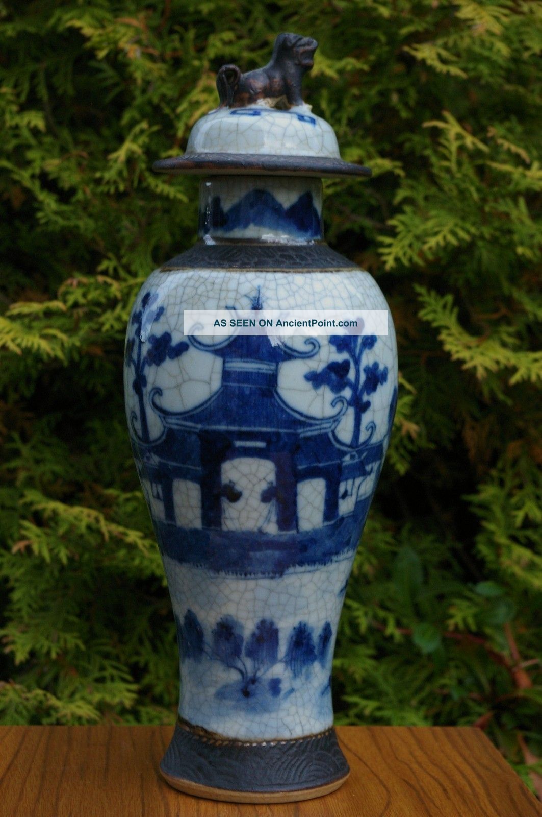 Antique (32cm) Chinese Crackle Glaze Blue & White Lidded Vase - With Mark Vases photo