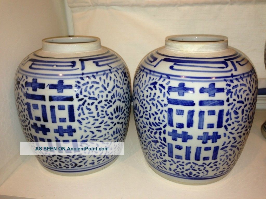 Antique Pair Chinese Double Happiness Jars Blue/white Qing Dy Vgc 10 ' Vases photo
