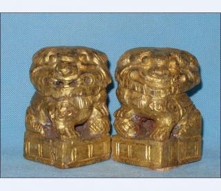 Pair Of Antique Chinese Gold Gilt Wooden Lions/foo Dogs photo
