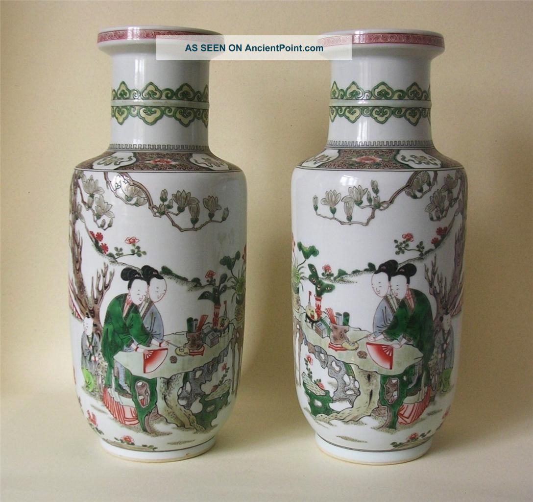A Chinese Porcelain Famille Verte Pair Of Vases - Kangxi Mark Vases photo