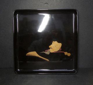 F406: Japanese Old Lacquer Ware Dinner Tray With Makie Of Noh Mask Okina photo