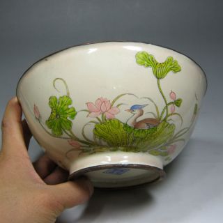 Chinese Qing Dynasty Red Copper Cloisonne Enamel Mandarin Duck Lotus Flower Bowl photo