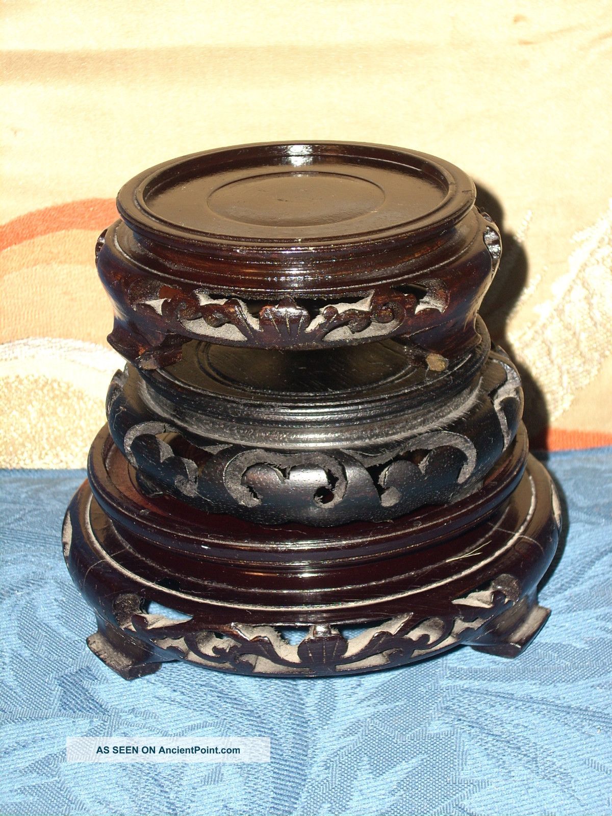 Set Of 3 Chinese/japanese Wooden Vase Stands - - 3 Different Sizes - 2 Vases photo