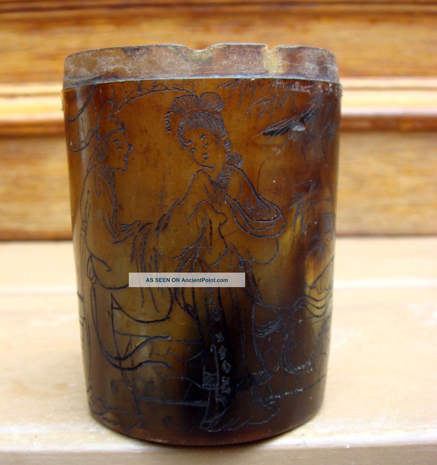 Antique Chinese Asian Early Etched Horn Cup Box Signed Boxes photo