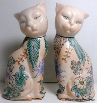 Pair Of 2oth Century Chinese Hand Painted Enameled Porcelain Seated Cat Figures photo