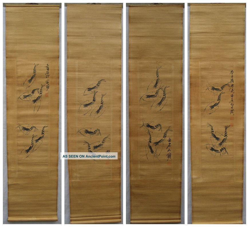 A Perfect Chinese Scroll Painting Set Qi Baishi Shrimps Total 4 Scrolls Paintings & Scrolls photo