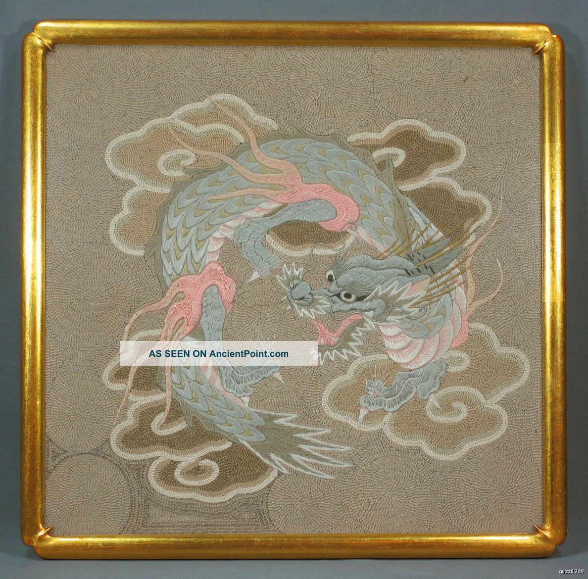 Framed Antique Chinese Dragon Emerging From Clouds Embroidered Textile Panel Robes & Textiles photo