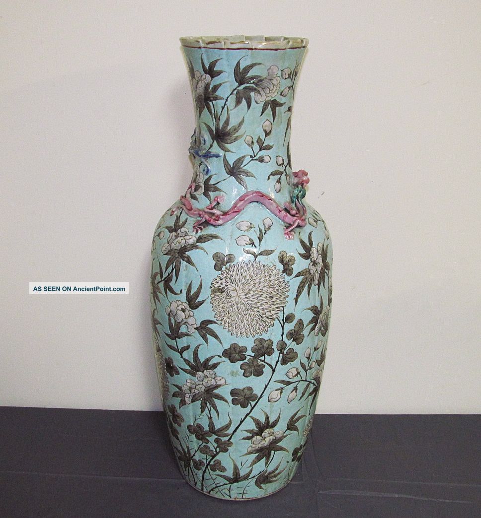 Large Impressive Antique Chinese Turquoise Enameled Vase With Applied Dragons Vases photo