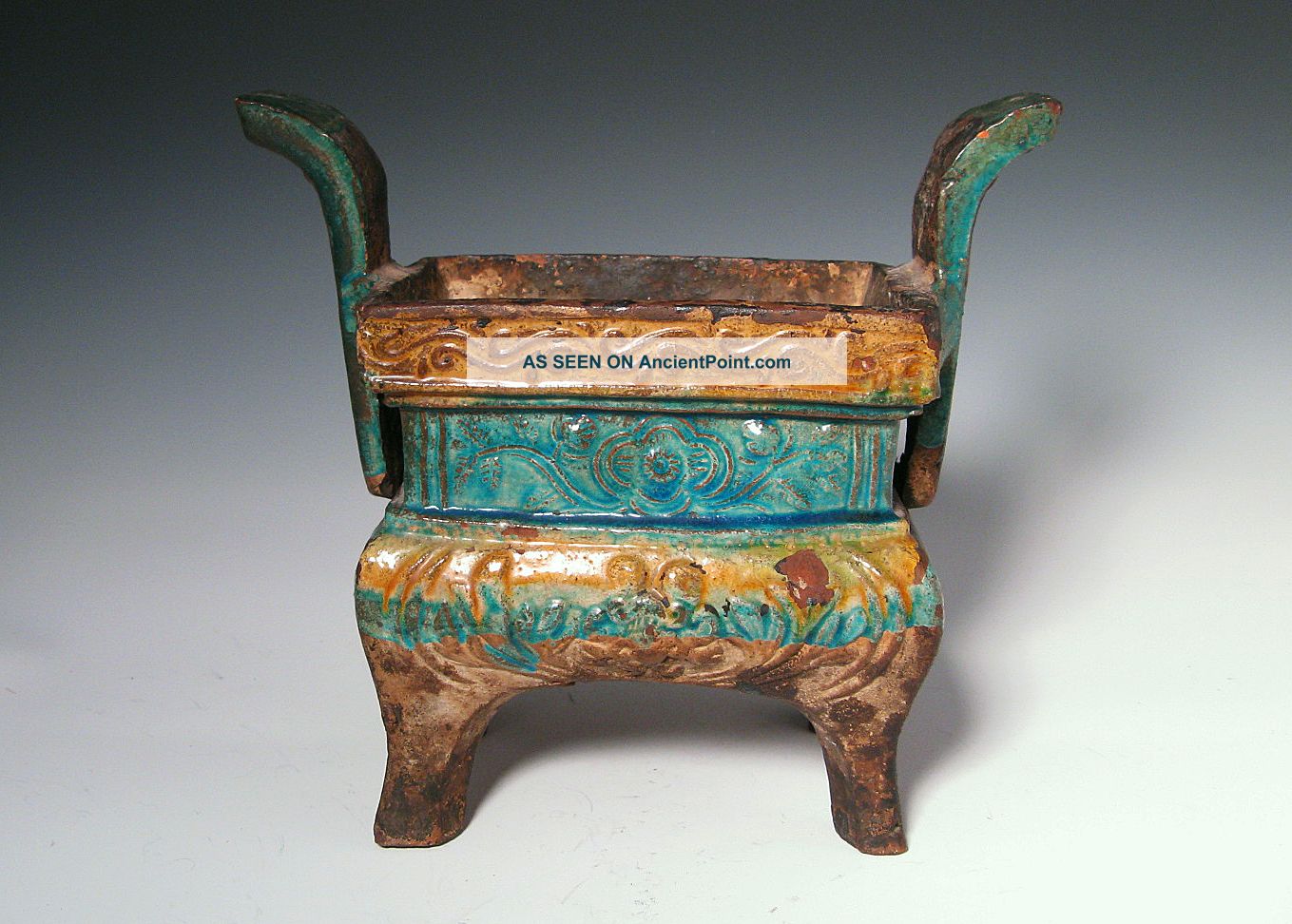 Antique Chinese Ming Dynasty Glaze Footed Censer With Handles Vases photo