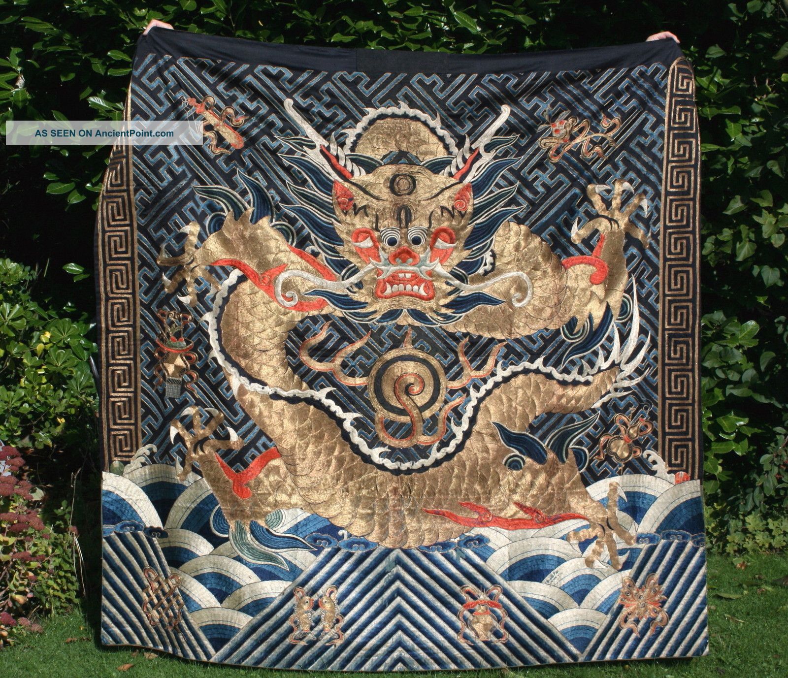 Huge Antique Chinese Silk Embroidered Dragon Hanging. Robes & Textiles photo