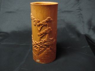 Vintage Carved Bamboo Asian Oriental Palace Flower Vase photo