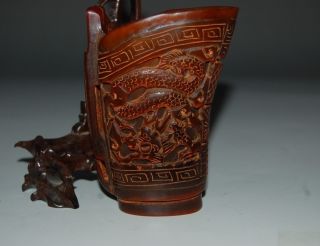Old Chinese 100% Ox Horn Hand - Carved Dragon Jiao Cup From Texas photo
