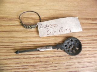Antique Cast Brass Indian Ear Ring & Brass Ladle / Straining Spoon + Old Labels photo