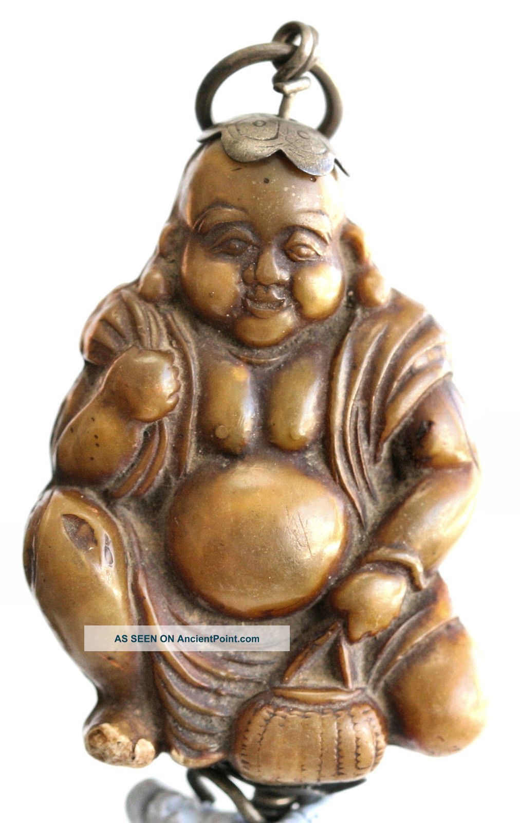 Very Old Rare Chinese Happy Buddha Toggle Made Of Resin With Silver Trimmings Statues photo