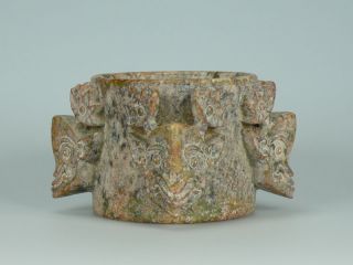 A Four Headed Column Chinese Jade Tube Ring Ornament W.  Mask Design - Chicochai photo