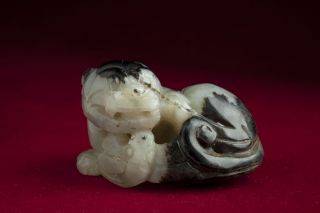 Chinese Antique Recumbent Jade Cat W/ Dragonfly 1910 Or Earlier photo