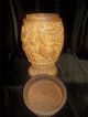 Rare Antique Chinese Hand Carved Wood Jar / Humidor Detailed Dragons & Symbols Vases photo 10