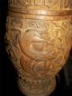 Rare Antique Chinese Hand Carved Wood Jar / Humidor Detailed Dragons & Symbols Vases photo 4