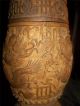Rare Antique Chinese Hand Carved Wood Jar / Humidor Detailed Dragons & Symbols Vases photo 8