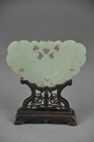 Mid - Qing Period Hetian Jade Butterfly Pendant Wood Stand photo