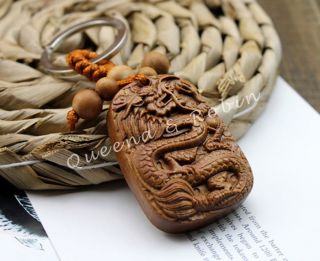 Peach Wood Carved Chinese Totem Dragon Amulet Netsuke Statue Pendant Key Chain photo