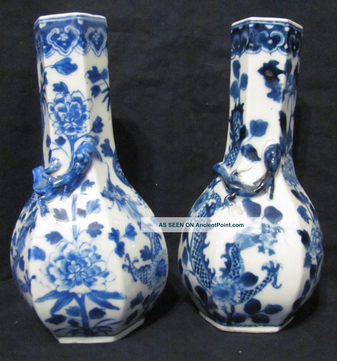 Fine Late Qing Pair Of Chinese B&w Hexagonal Vases With Applied Dragons Vases photo