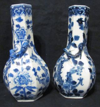 Fine Late Qing Pair Of Chinese B&w Hexagonal Vases With Applied Dragons photo