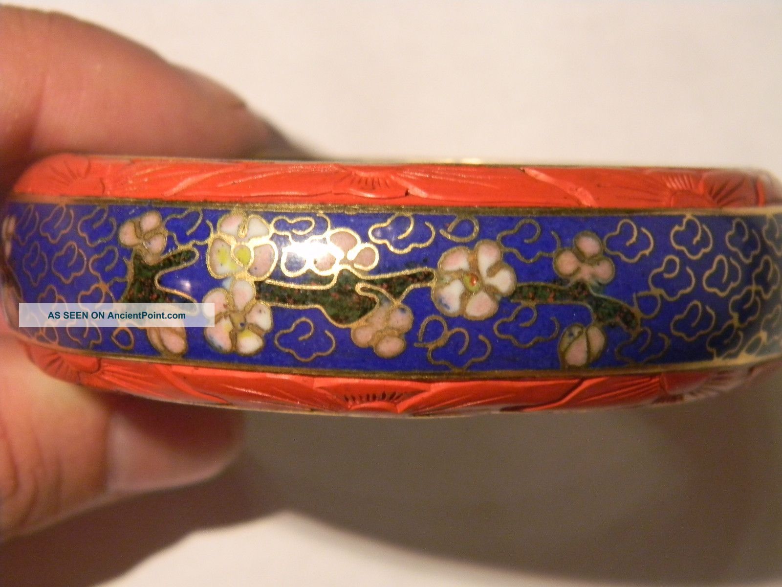 Antique Vintage Chinese Cinnabar Bangle Bracelet With Inlaid Enamel Bracelets photo
