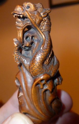 Amazing Netsuke Dragon In The Waves Expertly Carved C20th Signed Rare photo