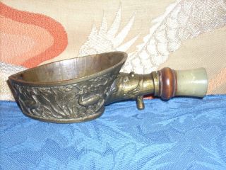 Old Chinese Bronze/brass Silk Iron W/jade Handle And Deer & Cranes Cast On Iron photo
