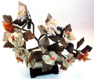 Vintage Chinese Jade,  Quartz,  Agate Bonsai Tree W/ Carved Stand photo