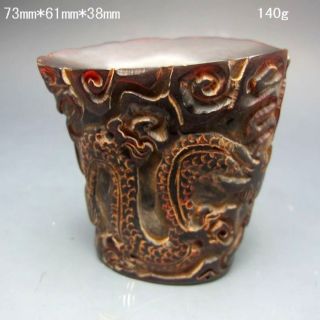 Old Antiques Chinese 100% Ox Horn Hand Carved Dragon Jiao Cup Nr/nc2033 photo