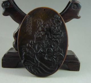 Fine Chinese Old 100% Ox Horn Carved Flower And Chinese Poem Pendant photo