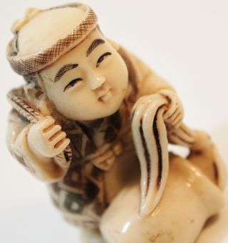Antique Ox Bone Asian China Man Carved Mini Figure Figurine photo