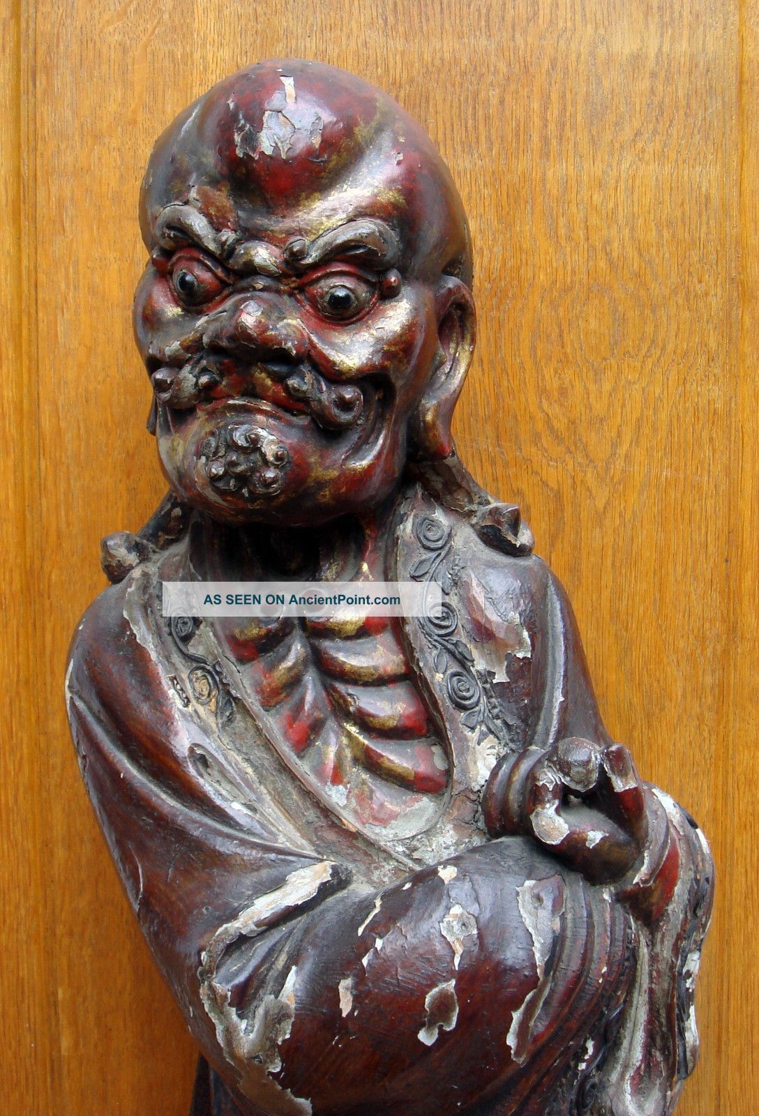 Antique Early 19c/18c Chinese Asian Large Wood Carved Statue Immortal Plates photo