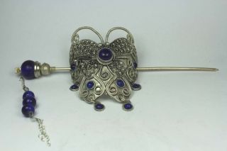 Nepal Tibetan Old Silver - Plated/ Jade Handwork Delicate Butterfly Hairpins photo