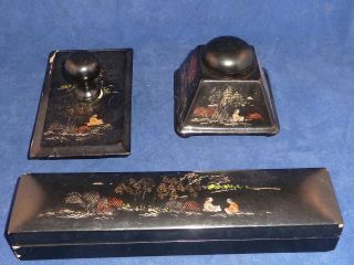 Stylish Vintage Chinese Black Lacquer Inkwell,  Pen Box & Blotter photo