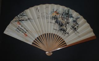 Antique Chinese Calligraphy Hand Painted Paper Leaf Bamboo Sticks Fan Landscape photo