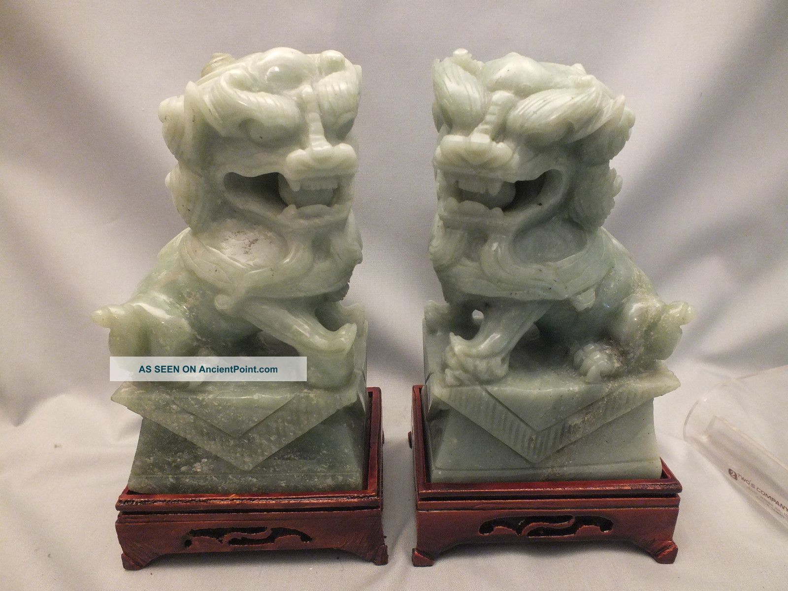 Pr Chinese Green Hardstone Dogs Of Foe Each With A Loose Ball In Mouth 20thc Jade/ Hardstone photo