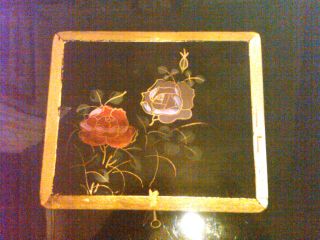 Vintage Japanese Lacquer Black Box,  With Roses And Gold Trim On Top,  Good photo