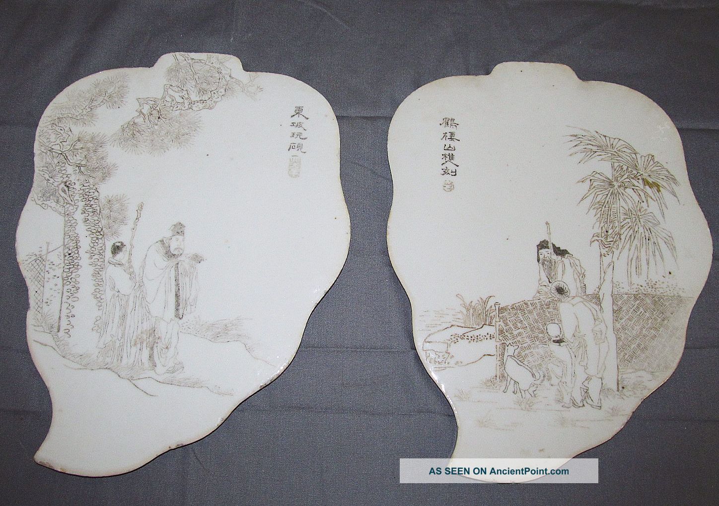 Unusual Pair Antique Chinese Porcelain Tile Plaques With Incised Scenes Plates photo
