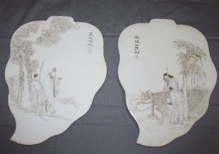 Unusual Pair Antique Chinese Porcelain Tile Plaques With Incised Scenes photo