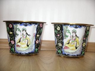 Pair Oriental Enamel Hand Painted Planters Vases Emaille Handbemalt Vasen China photo